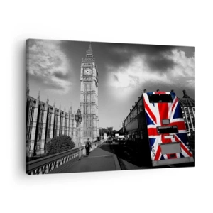 Bild auf Leinwand - Leinwandbild - Big Ben und ein Bus mit britischer Flagge vor schwarz-weißem Hintergrund - 70x50cm - Stolz und toll - Moderne Wanddekoration für Wohnzimmer und Schlafzimmer ARTTOR