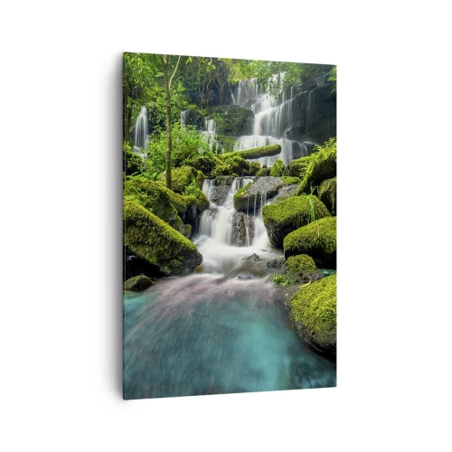 Bild auf Leinwand - Leinwandbild - Ein tropischer Wasserfall, umgeben von Grün und türkisfarbenem Wasser - 70x100cm - Türkis, Saphire und flüssiges Silber - Moderne Wanddekoration für Wohnzimmer und Schlafzimmer ARTTOR