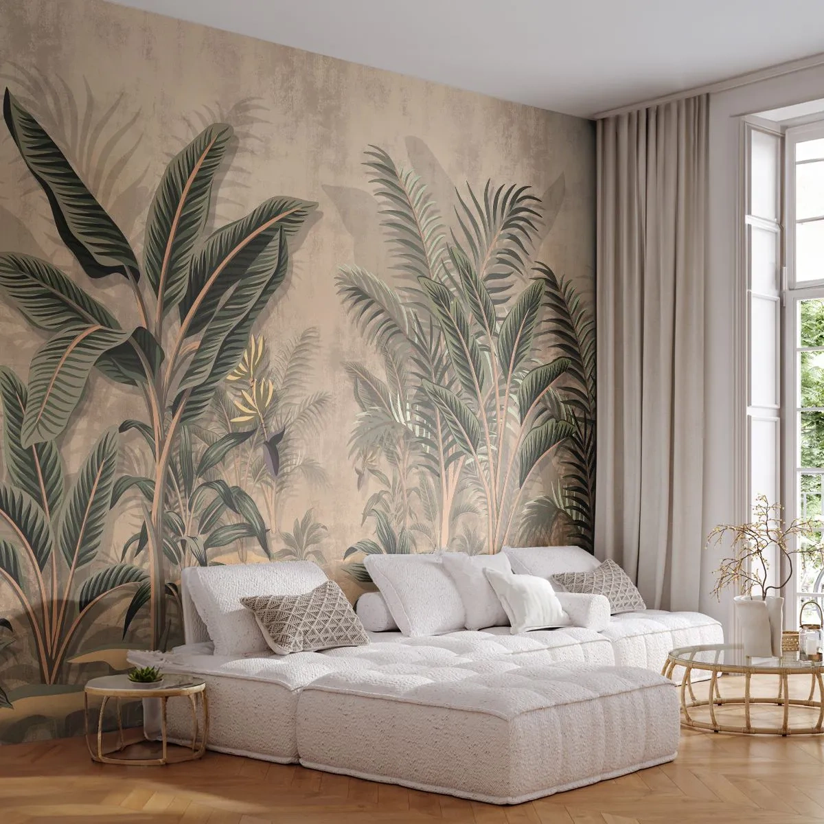 Fototapete Premium Sand - Tropische Vegetation im Kolonialstil auf beigem Hintergrund - 100x70cm - Eine Gravur im Kolonialstil - Moderne Wanddekoration für Wohnzimmer und Schlafzimmer ARTTOR