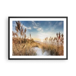 Poster in einem schwarzem Rahmen - Ein malerischer Strand mit Gras und untergehender Sonne - 70x50cm - Nordstrand - Moderne Wanddekoration für Wohnzimmer und Schlafzimmer ARTTOR