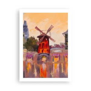 Poster - Eine malerische Interpretation der berühmten Windmühle vor der Kulisse der Stadt - 50x70cm - Pariser Ikonen – Moulin Rouge - Moderne Wanddekoration für Wohnzimmer und Schlafzimmer ARTTOR