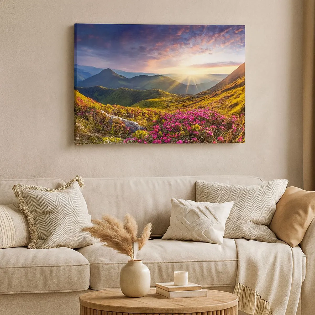 Bild auf Leinwand - Leinwandbild - Berglandschaft mit blühenden Rhododendren - 70x50cm - Frische am Bergmorgen - Moderne Wanddekoration für Wohnzimmer und Schlafzimmer ARTTOR