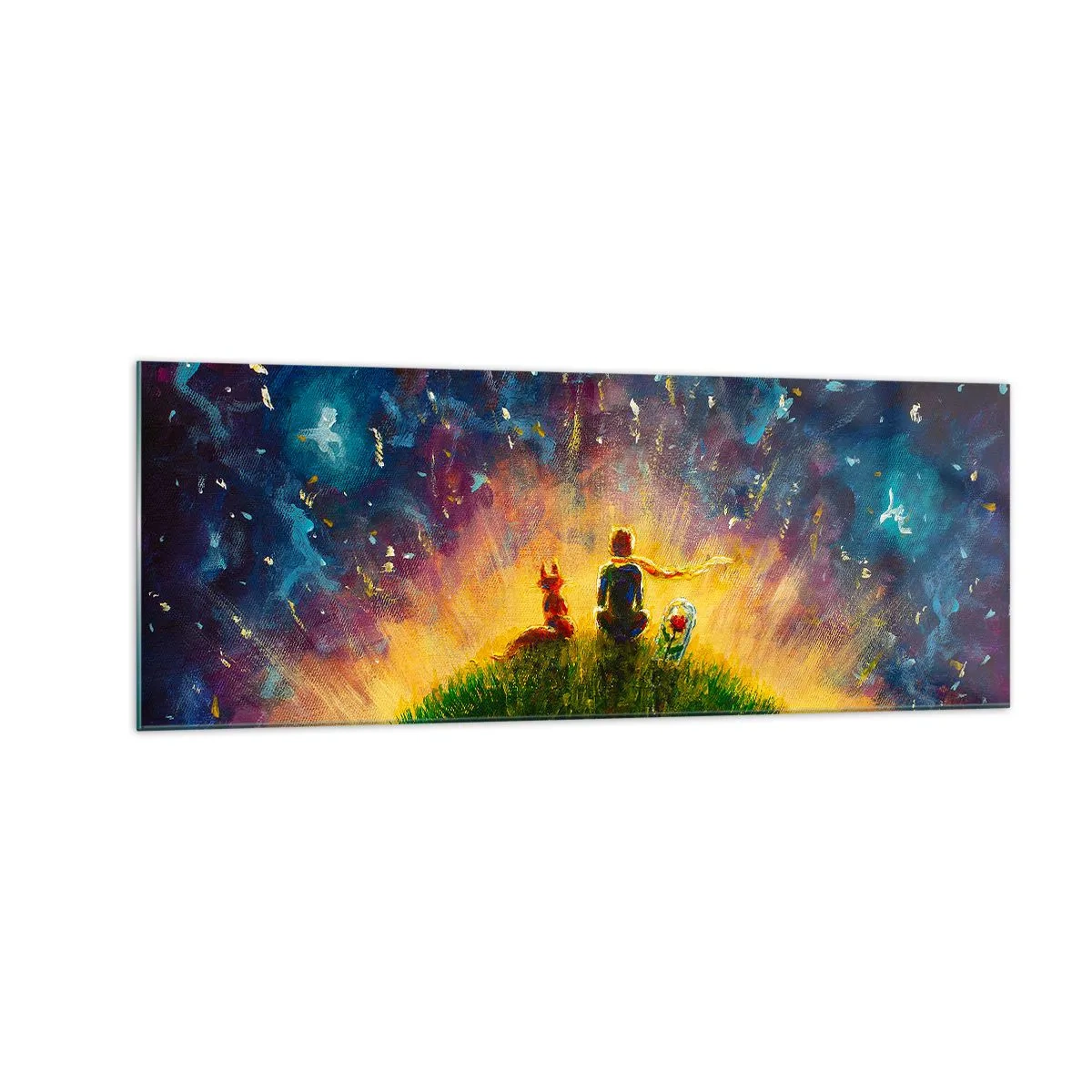 Glasbild - Bild auf glas - Figuren auf einem grünen Hügel, umgeben von einem Sternenhimmel - 140x50cm - Liebe und Freundschaft - die ganze Welt - Moderne Wanddekoration für Wohnzimmer und Schlafzimmer ARTTOR