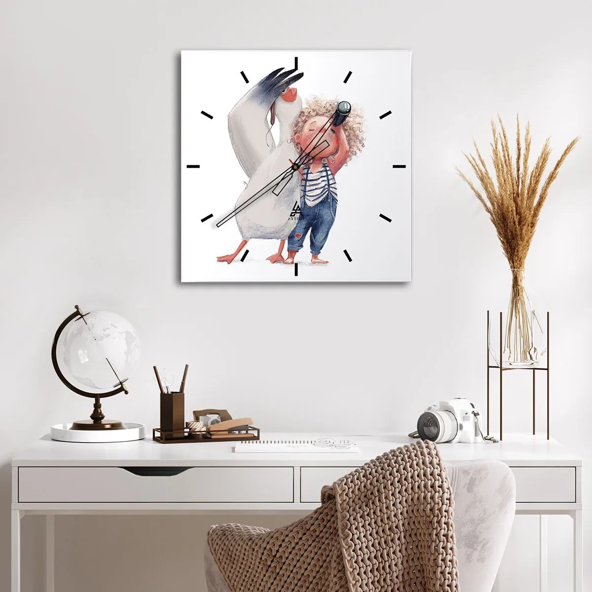 Wanduhr - Glasuhr - Illustration eines Kindes mit einem Pelikan und einem Teleskop in der Hand - 30x30cm - Toller Reiseplan - Moderne Wanddekoration für Wohnzimmer und Schlafzimmer ARTTOR