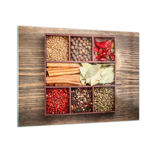 Glasbild - Bild auf glas - Bunte Gewürze in Holzfächern - 100x70cm - Ordnung der Formen, Bouquet von Aromen - Moderne Wanddekoration für Wohnzimmer und Schlafzimmer ARTTOR