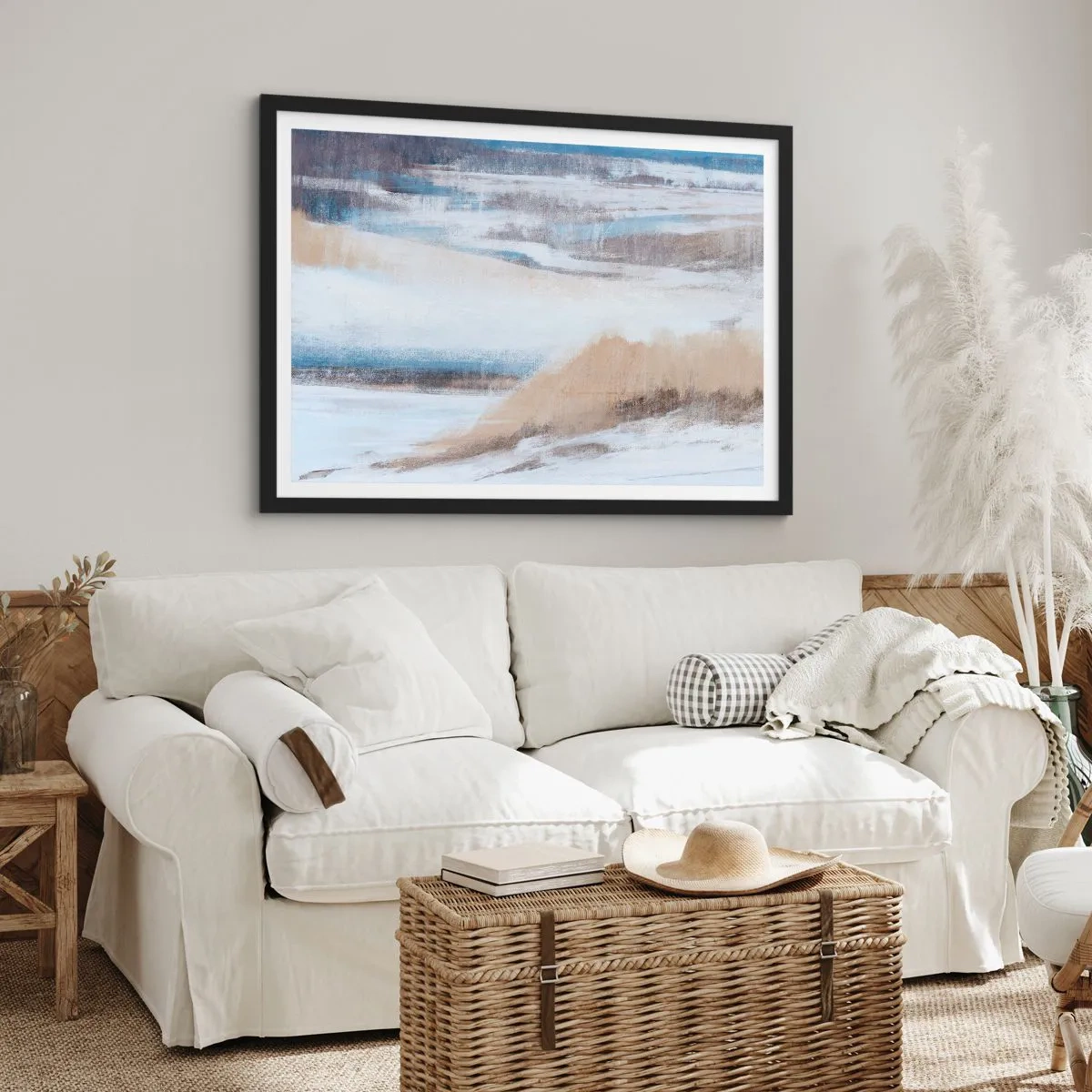 Poster in einem schwarzem Rahmen - Abstrakte Winterlandschaft in Weiß- und Blautönen - 70x50cm - Winterkomposition - Moderne Wanddekoration für Wohnzimmer und Schlafzimmer ARTTOR