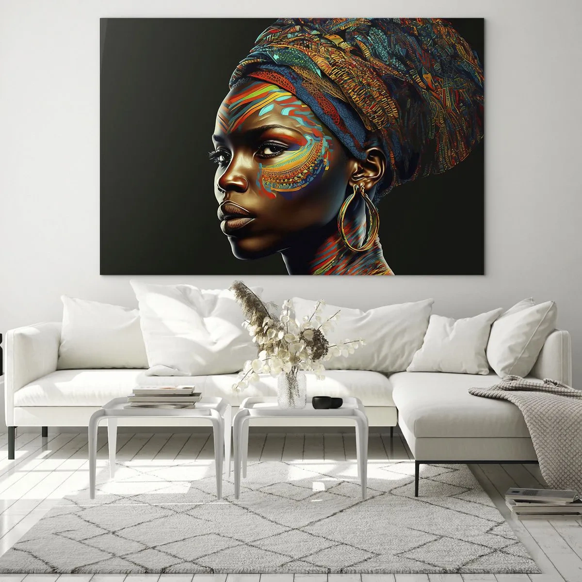 Glasbild - Bild auf glas - Porträt einer Frau mit farbenfroher Malerei und Turban - 70x50cm - Afrikanische Königin - Moderne Wanddekoration für Wohnzimmer und Schlafzimmer ARTTOR