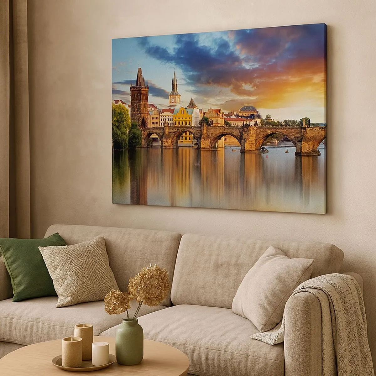 Bild auf Leinwand - Leinwandbild - Die historische Brücke über den Fluss im Licht der untergehenden Sonne - 70x50cm - Schön seit Ewigkeiten - Moderne Wanddekoration für Wohnzimmer und Schlafzimmer ARTTOR