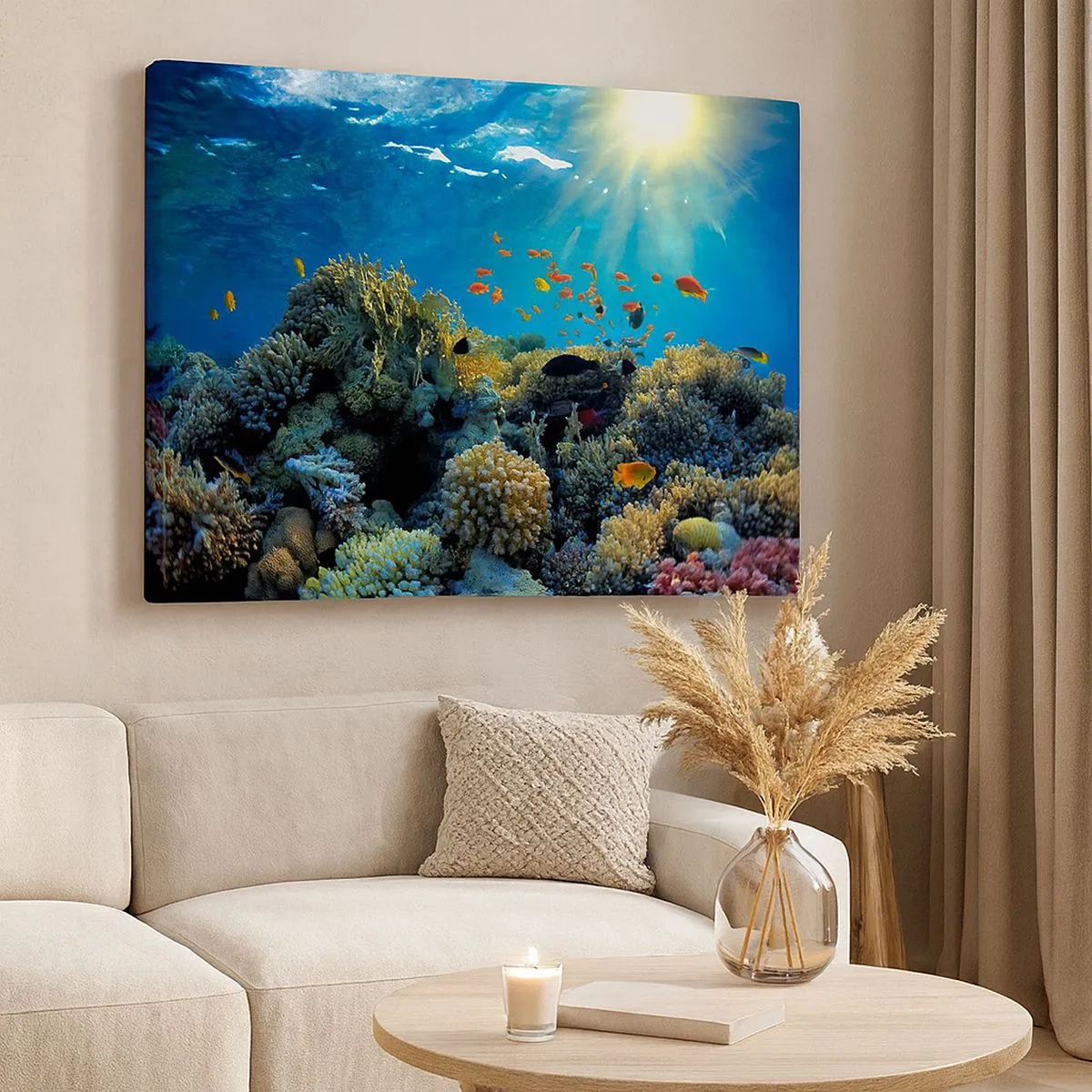 Bild auf Leinwand - Leinwandbild - Korallenriff mit Fischen in den Sonnenstrahlen unter Wasser - 70x50cm - Unterwasserschätze - Moderne Wanddekoration für Wohnzimmer und Schlafzimmer ARTTOR