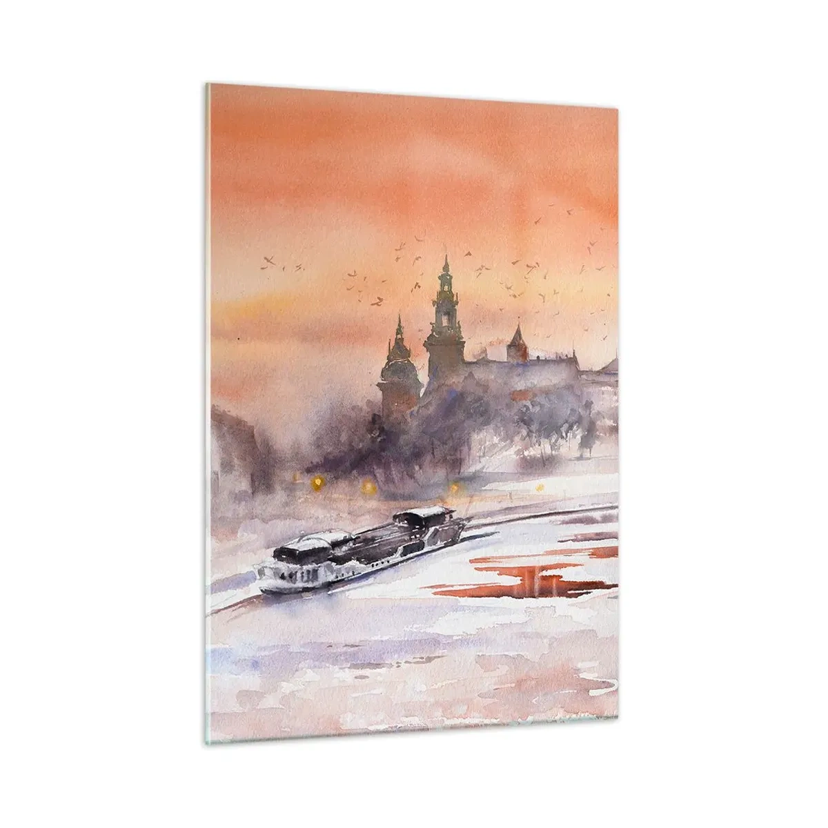 Glasbild - Bild auf glas - Sonnenuntergang über dem königlichen Schloss und dem Fluss im Winter - 50x70cm - Königlicher Sonnenuntergang - Moderne Wanddekoration für Wohnzimmer und Schlafzimmer ARTTOR