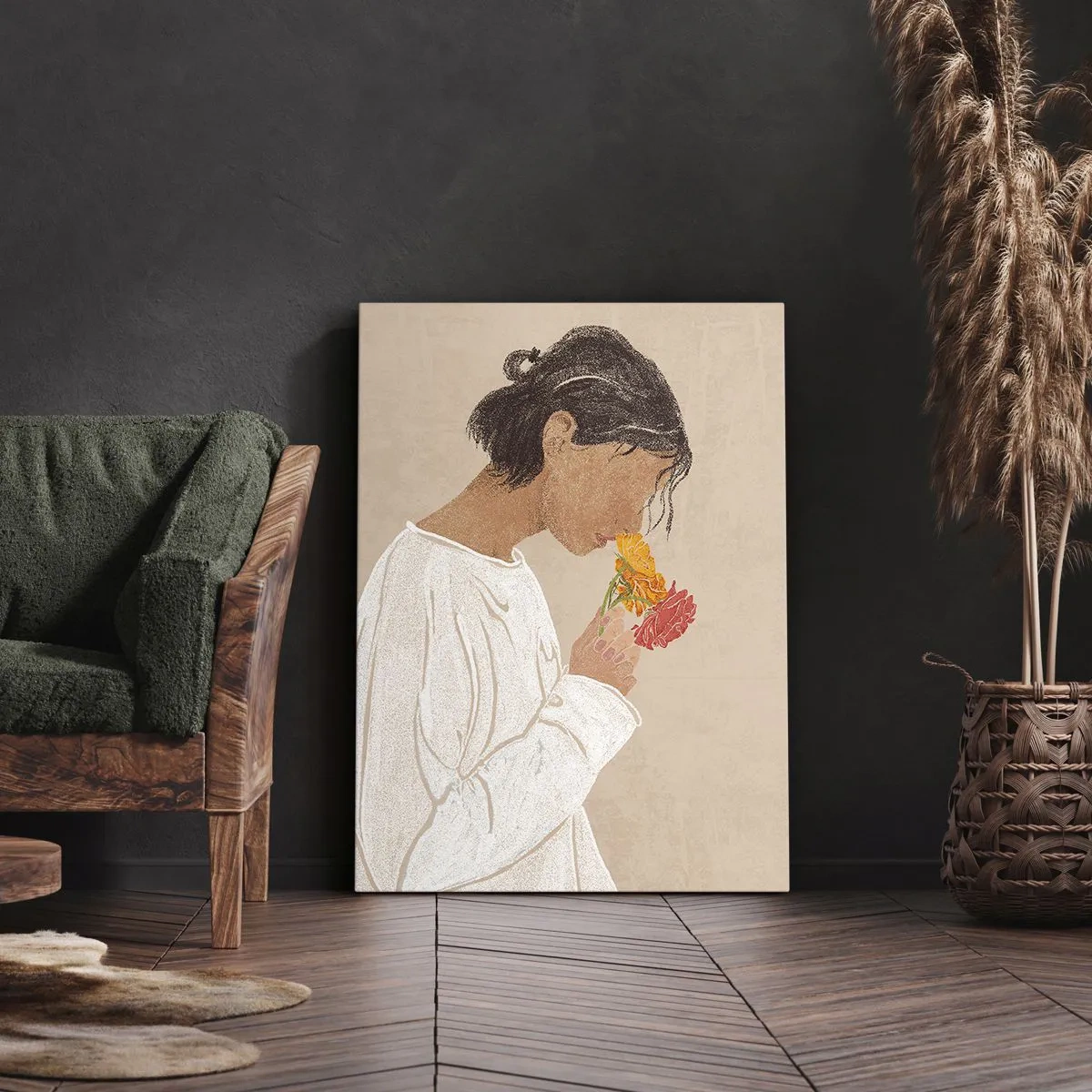 Bild auf Leinwand - Leinwandbild - Mädchen und Blumen - 65x120 cm