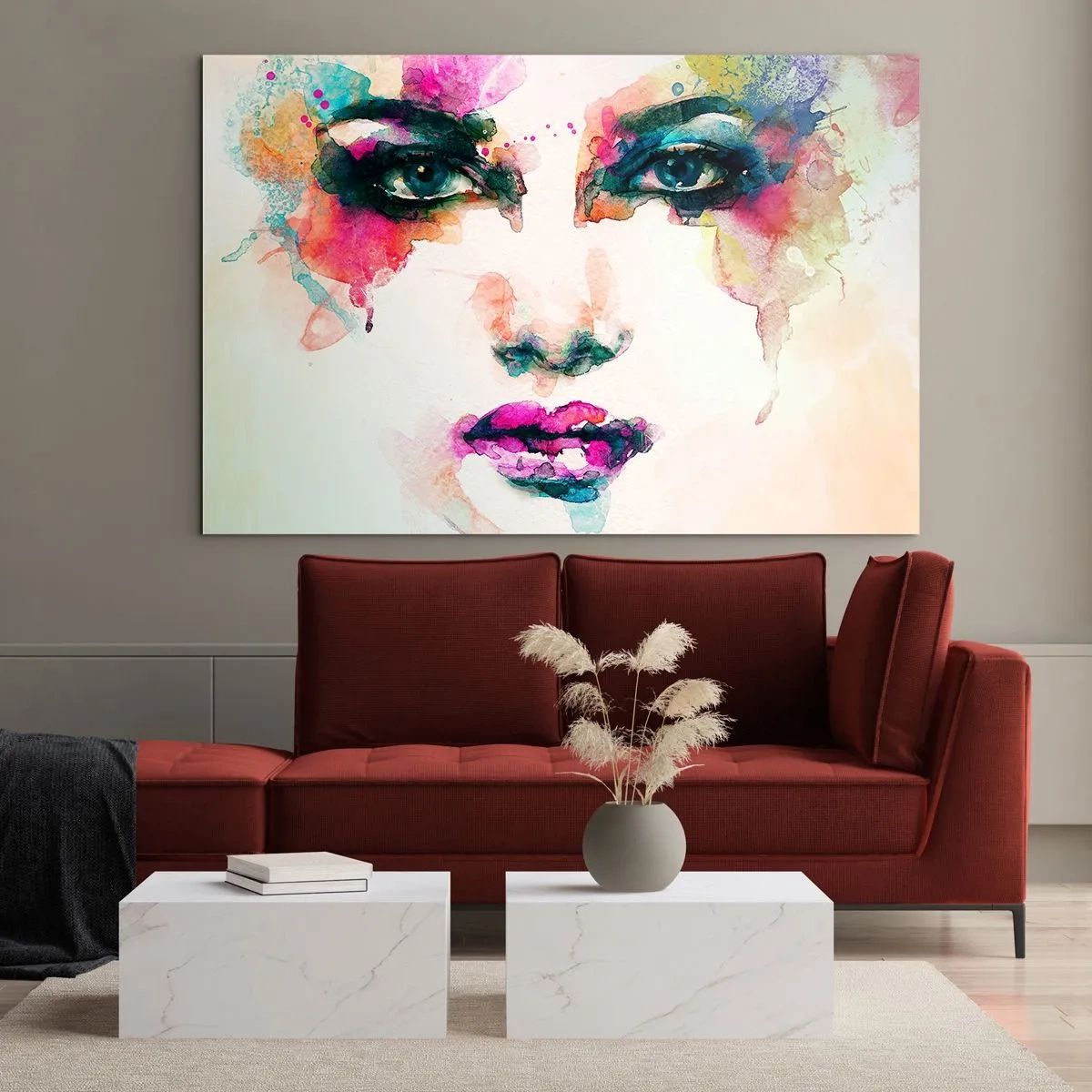 Glasbild - Bild auf glas - Porträt einer Frau in Aquarellfarben und Details - 70x50cm - Ein mit einem Regenbogen gemaltes Porträt - Moderne Wanddekoration für Wohnzimmer und Schlafzimmer ARTTOR
