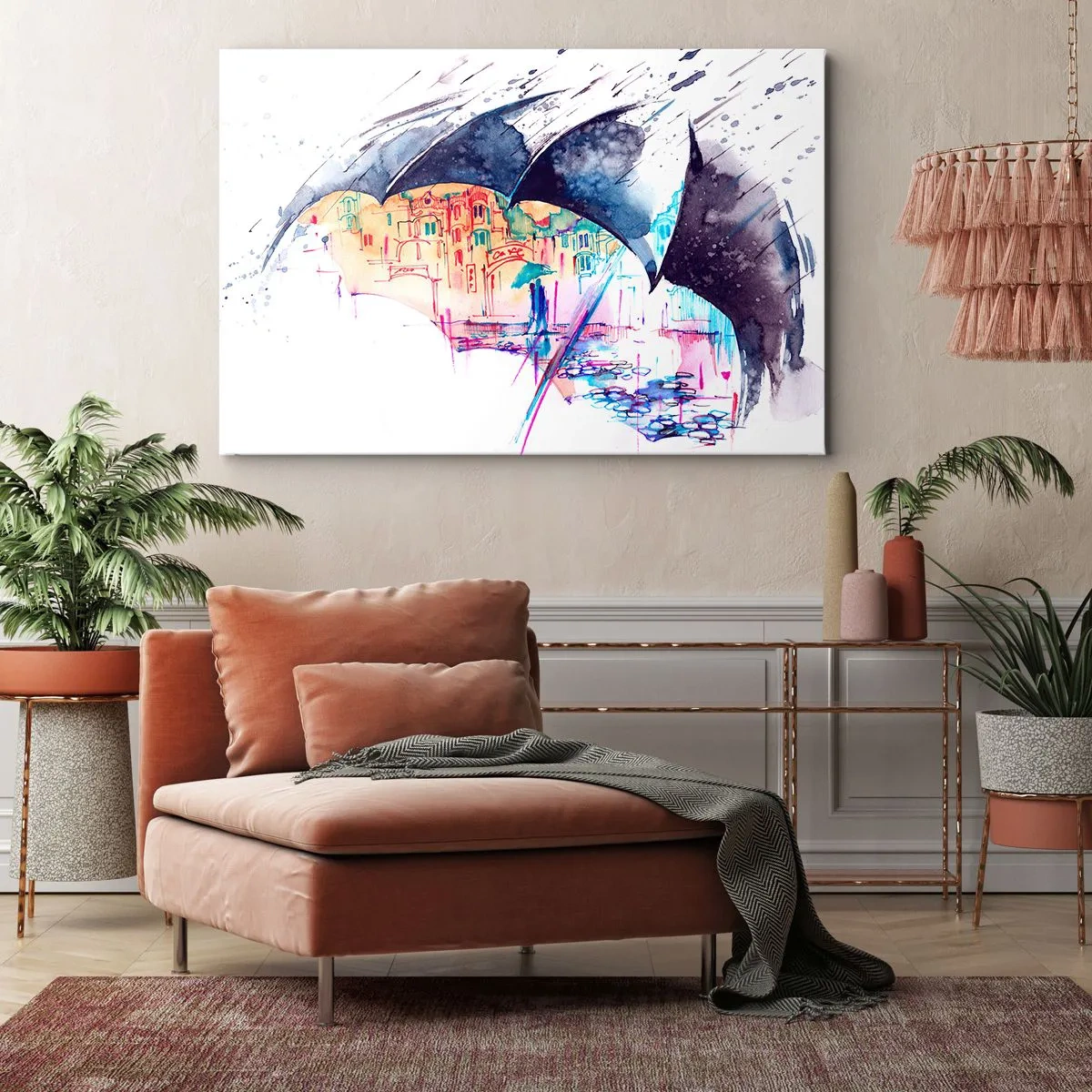 Bild auf Leinwand - Leinwandbild - Eine bunte Stadt, versteckt unter abstrakten Regenschirmen - 70x50cm - Im Regen spazieren gehen - Moderne Wanddekoration für Wohnzimmer und Schlafzimmer ARTTOR