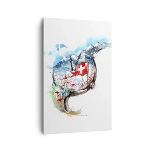 Bild auf Leinwand - Leinwandbild - Eine Aquarelllandschaft der Schweiz im Uhrwerk-Design - 80x120cm - Der Geist der Schweiz - Moderne Wanddekoration für Wohnzimmer und Schlafzimmer ARTTOR