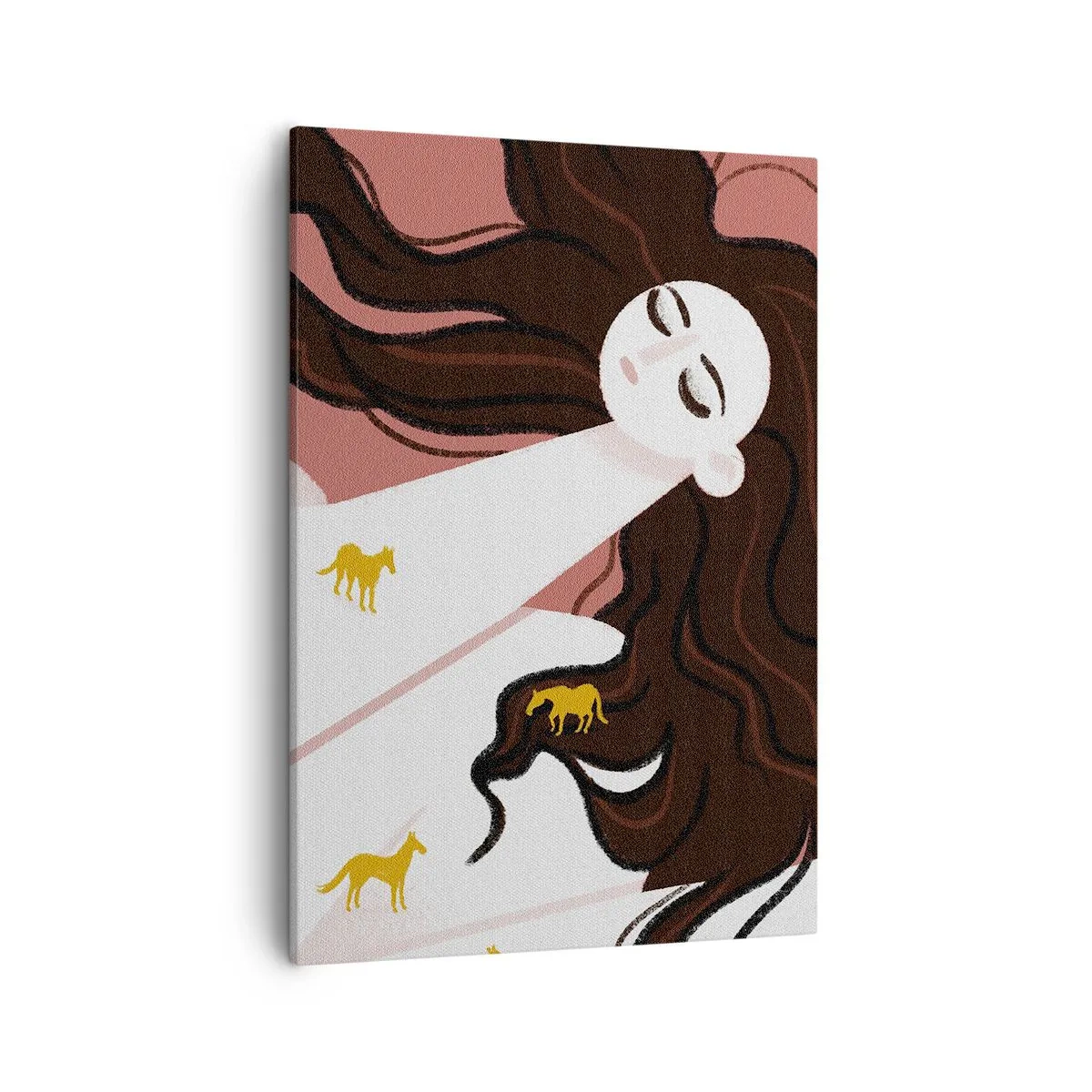 Bild auf Leinwand - Leinwandbild - Eine Figur mit geschlossenen Augen, umgeben von goldenen Pferden - 50x70cm - Traum von einem goldenen Pferd - Moderne Wanddekoration für Wohnzimmer und Schlafzimmer ARTTOR