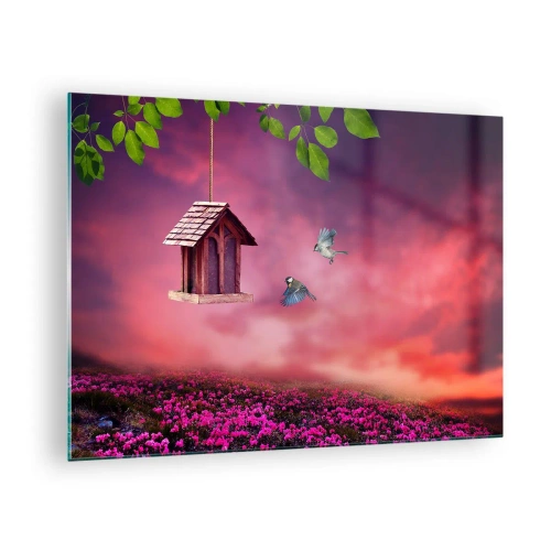 Glasbild - Bild auf glas - Ein Vogelhäuschen vor einem rosa Himmel - 70x50cm - Einladung zum Abendessen - Moderne Wanddekoration für Wohnzimmer und Schlafzimmer ARTTOR