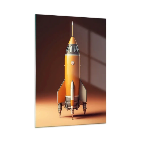 Glasbild - Bild auf glas - Eine orangefarbene Rakete vor einem sanften hellen Hintergrund - 50x70cm - Es beginnt mit einem Traum - Moderne Wanddekoration für Wohnzimmer und Schlafzimmer ARTTOR