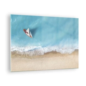 Glasbild - Bild auf glas - Ein Segelboot auf dem azurblauen Meer an einem Sandstrand - 70x50cm - An der Grenze von Blau und Gold - Moderne Wanddekoration für Wohnzimmer und Schlafzimmer ARTTOR