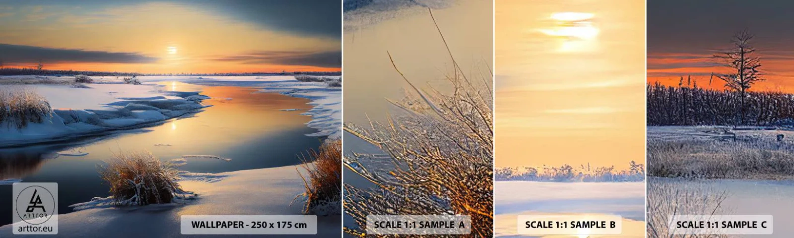 Fototapetenmuster Standard Eco - Wintersonnenuntergang - Winter, Fluss, Landschaft - 100x30 cm