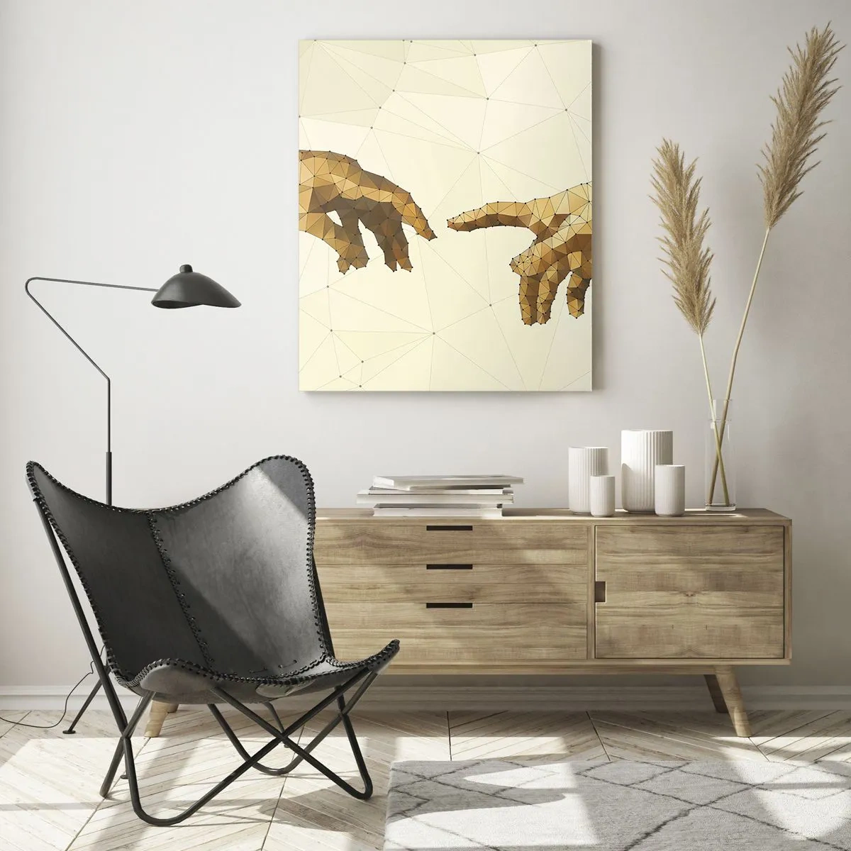Glasbild - Bild auf glas - Eine stilisierte Version des Gemäldes „Die Erschaffung Adams“ in Polygontechnik - 50x70cm - Göttliche Geometrie - Moderne Wanddekoration für Wohnzimmer und Schlafzimmer ARTTOR