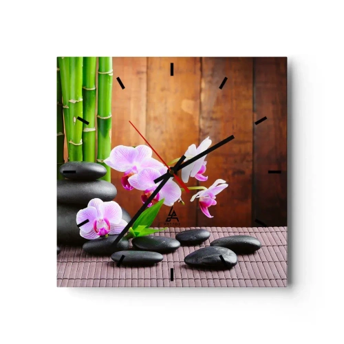 Wanduhr - Glasuhr - Bambus, Steine und rosa Orchideen im Zen-Stil auf Holzhintergrund - 30x30cm - Treffen Sie die Freuden des Ostens - Moderne Wanddekoration für Wohnzimmer und Schlafzimmer ARTTOR
