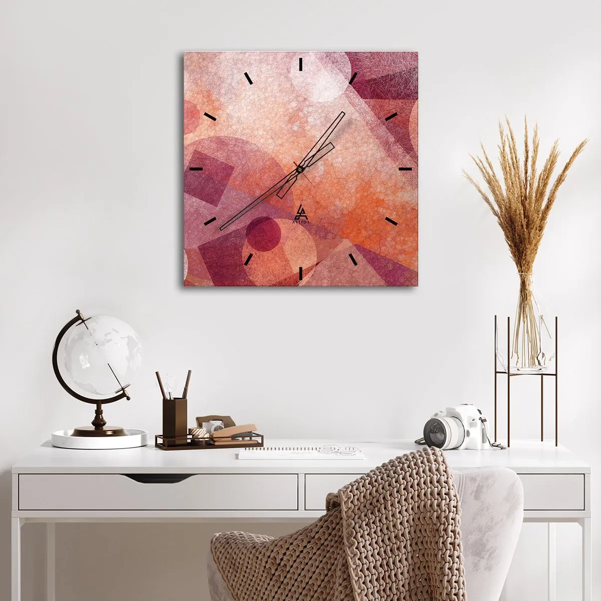 Wanduhr - Glasuhr - Abstrakte geometrische Formen in Pastelltönen von Rosa - 30x30cm - Geometrische Transformationen in Pink - Moderne Wanddekoration für Wohnzimmer und Schlafzimmer ARTTOR