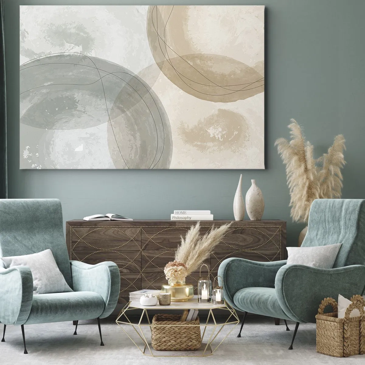 Bild auf Leinwand - Leinwandbild - Abstrakte Komposition in Pastellfarben mit Linien - 70x50cm - Welten durchdringen - Moderne Wanddekoration für Wohnzimmer und Schlafzimmer ARTTOR