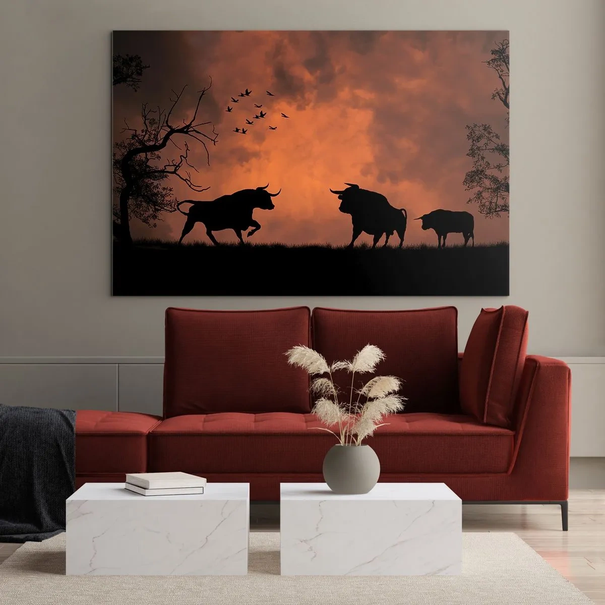 Glasbild - Bild auf glas - Silhouetten von Stieren vor einem orangefarbenen Himmel in der Abenddämmerung - 120x80cm - Ein dramatisches Naturschauspiel - Moderne Wanddekoration für Wohnzimmer und Schlafzimmer ARTTOR