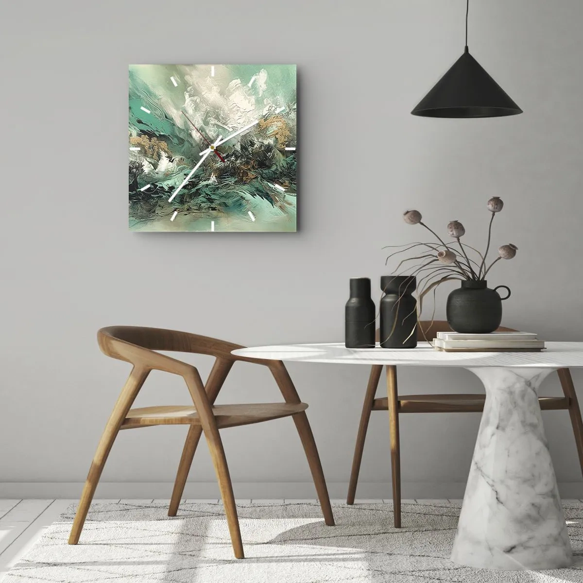 Wanduhr - Glasuhr - Smaragdgrüne und schwarze Brandung - 30x30 cm