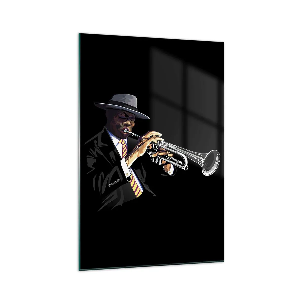 Glasbild - Bild auf glas - Ein Musiker spielt Trompete vor schwarzem Hintergrund - 70x100cm - Charme der alten Schule - Moderne Wanddekoration für Wohnzimmer und Schlafzimmer ARTTOR