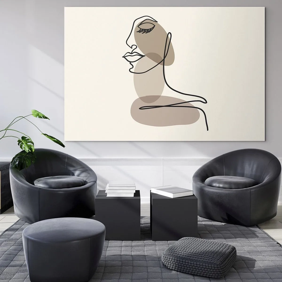 Glasbild - Bild auf glas - Ein minimalistisches Frauenporträt mit einer durchgehenden Linie. - 120x80cm - Eine gewisse Linie der Schönheit - Moderne Wanddekoration für Wohnzimmer und Schlafzimmer ARTTOR