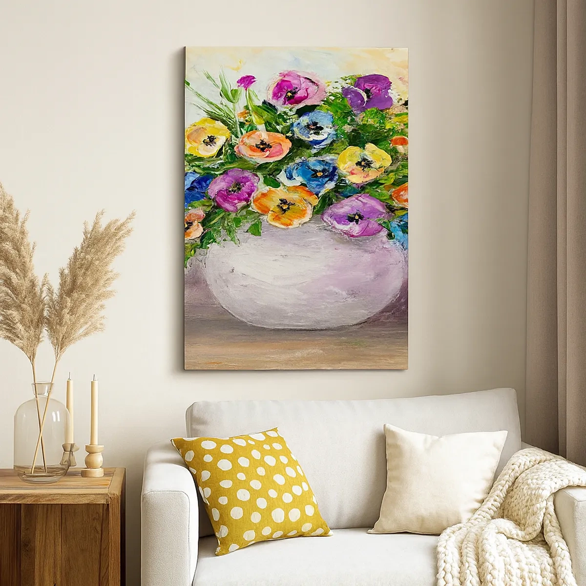 Bild auf Leinwand - Leinwandbild - Ein bunter Blumenstrauß in einer weißen Vase - 50x70cm - Stillleben mit einer weißen Vase - Moderne Wanddekoration für Wohnzimmer und Schlafzimmer ARTTOR