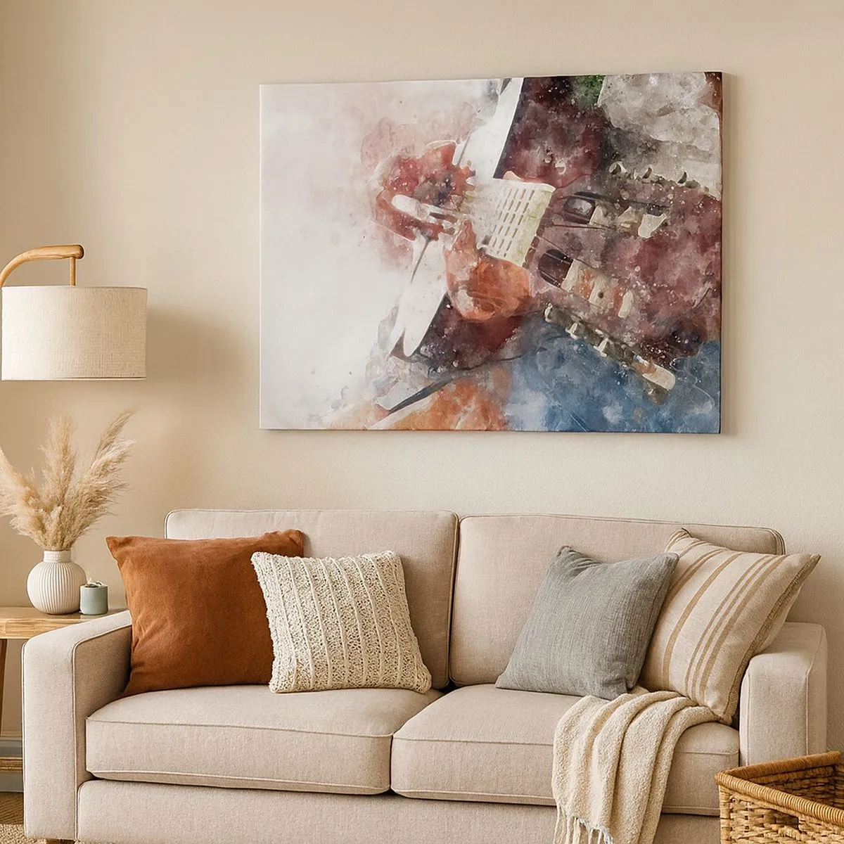 Bild auf Leinwand - Leinwandbild - Eine künstlerische Interpretation einer Gitarre im Aquarellstil - 70x50cm - Und was halten Sie davon? - Moderne Wanddekoration für Wohnzimmer und Schlafzimmer ARTTOR