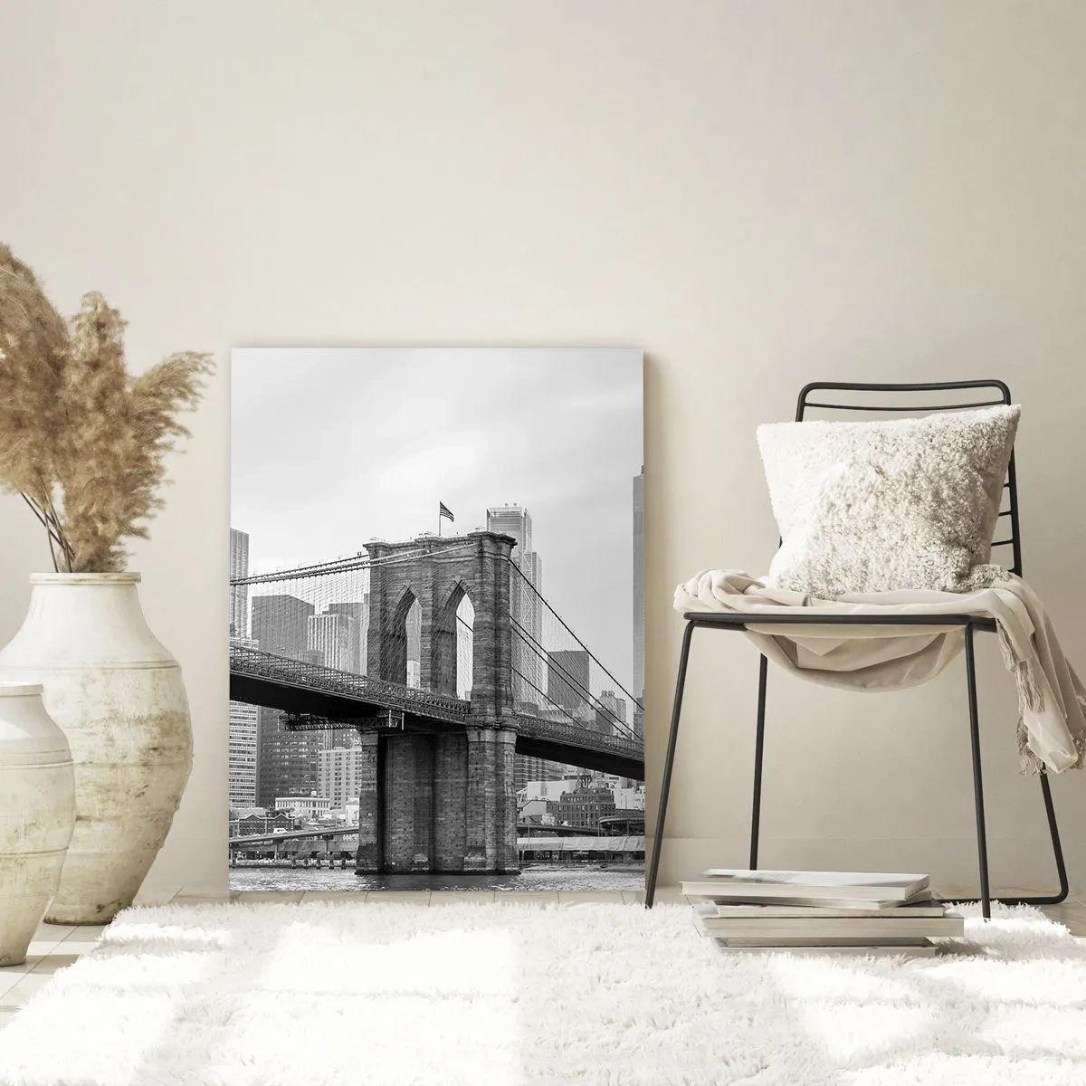 Glasbild - Bild auf glas - Schwarz-Weiß-Foto einer Brücke und Stadtlandschaft - 50x70cm - New Yorker Atmosphäre - Moderne Wanddekoration für Wohnzimmer und Schlafzimmer ARTTOR