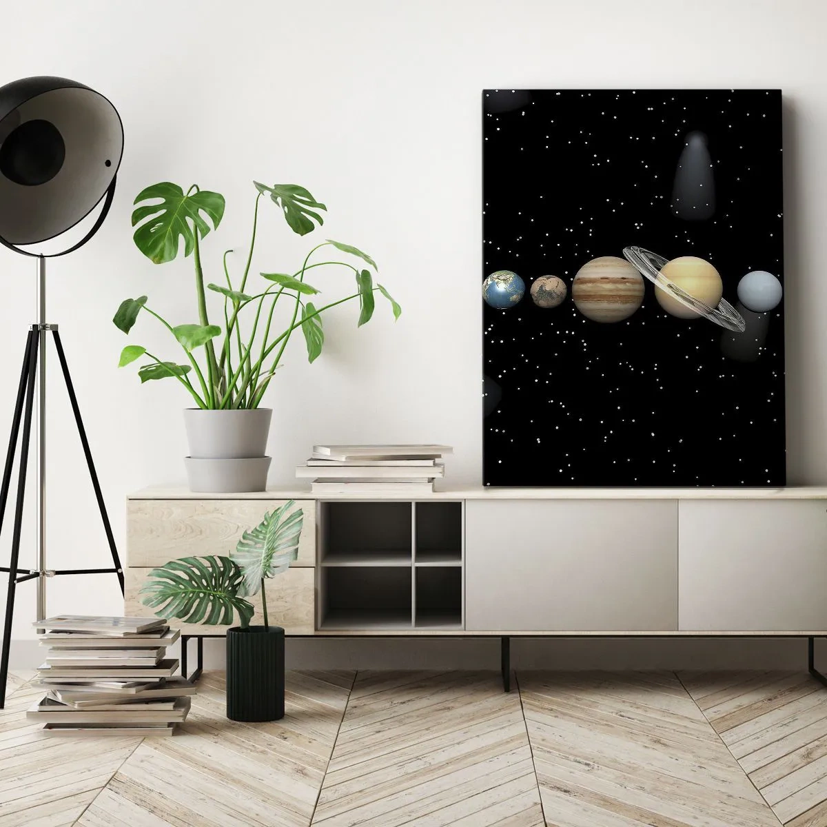 Bild auf Leinwand - Leinwandbild - Das Sonnensystem mit Planeten vor dem Hintergrund der Sterne im Weltraum - 70x100cm - Und die Planeten werden verrückt und toben ... - Moderne Wanddekoration für Wohnzimmer und Schlafzimmer ARTTOR