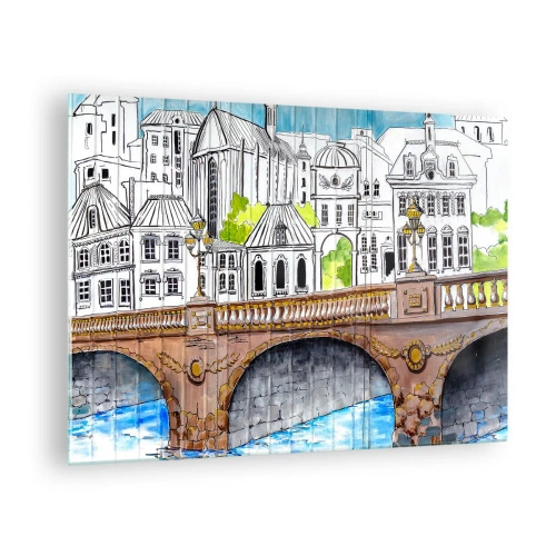 Glasbild - Bild auf glas - Die Brücke und die Stadtarchitektur in Form einer Aquarellskizze - 70x50cm - Die Stadt ist gemalt - Moderne Wanddekoration für Wohnzimmer und Schlafzimmer ARTTOR