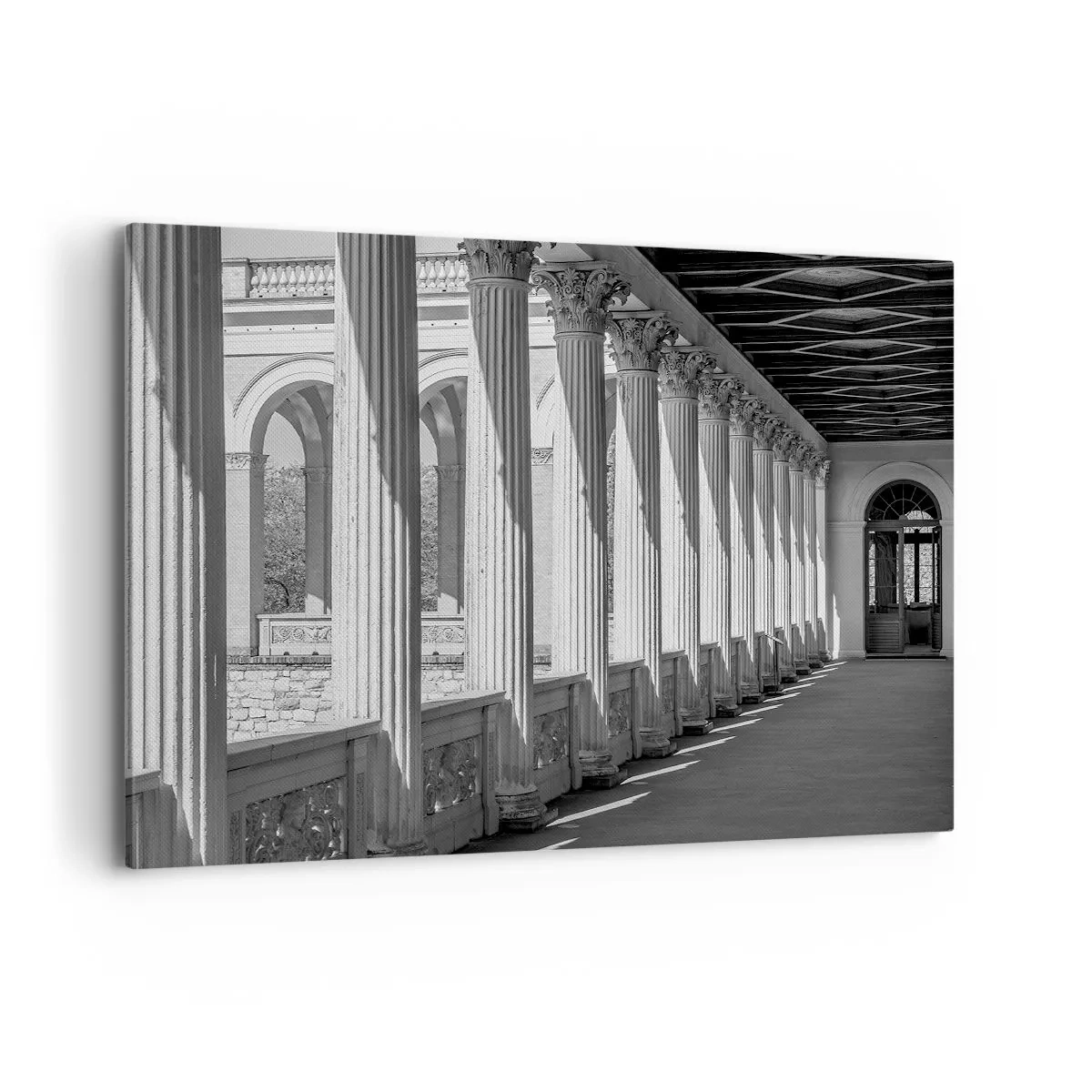 Bild auf Leinwand - Leinwandbild - Kolonnade im klassischen Stil in Schwarz und Weiß - 100x70cm - Sonnige Arkade - Moderne Wanddekoration für Wohnzimmer und Schlafzimmer ARTTOR