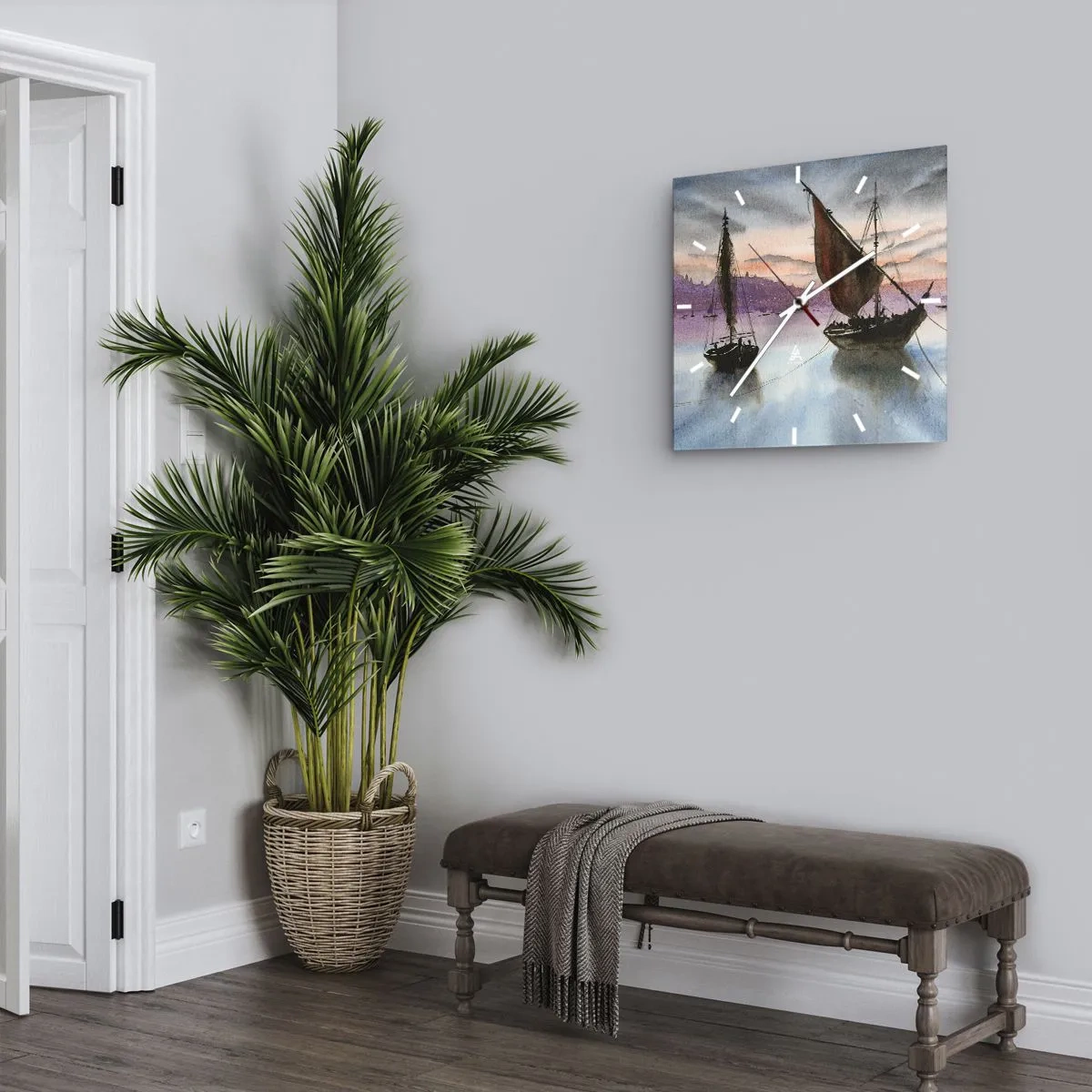 Wanduhr - Glasuhr - Abend am Hafen - 40x40 cm