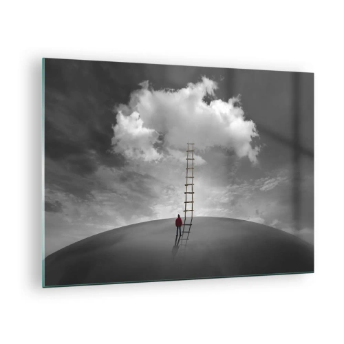 Glasbild - Bild auf glas - Eine Person betrachtet eine Leiter, die zu einer Wolke führt. - 70x50cm - Alles ist möglich - Moderne Wanddekoration für Wohnzimmer und Schlafzimmer ARTTOR