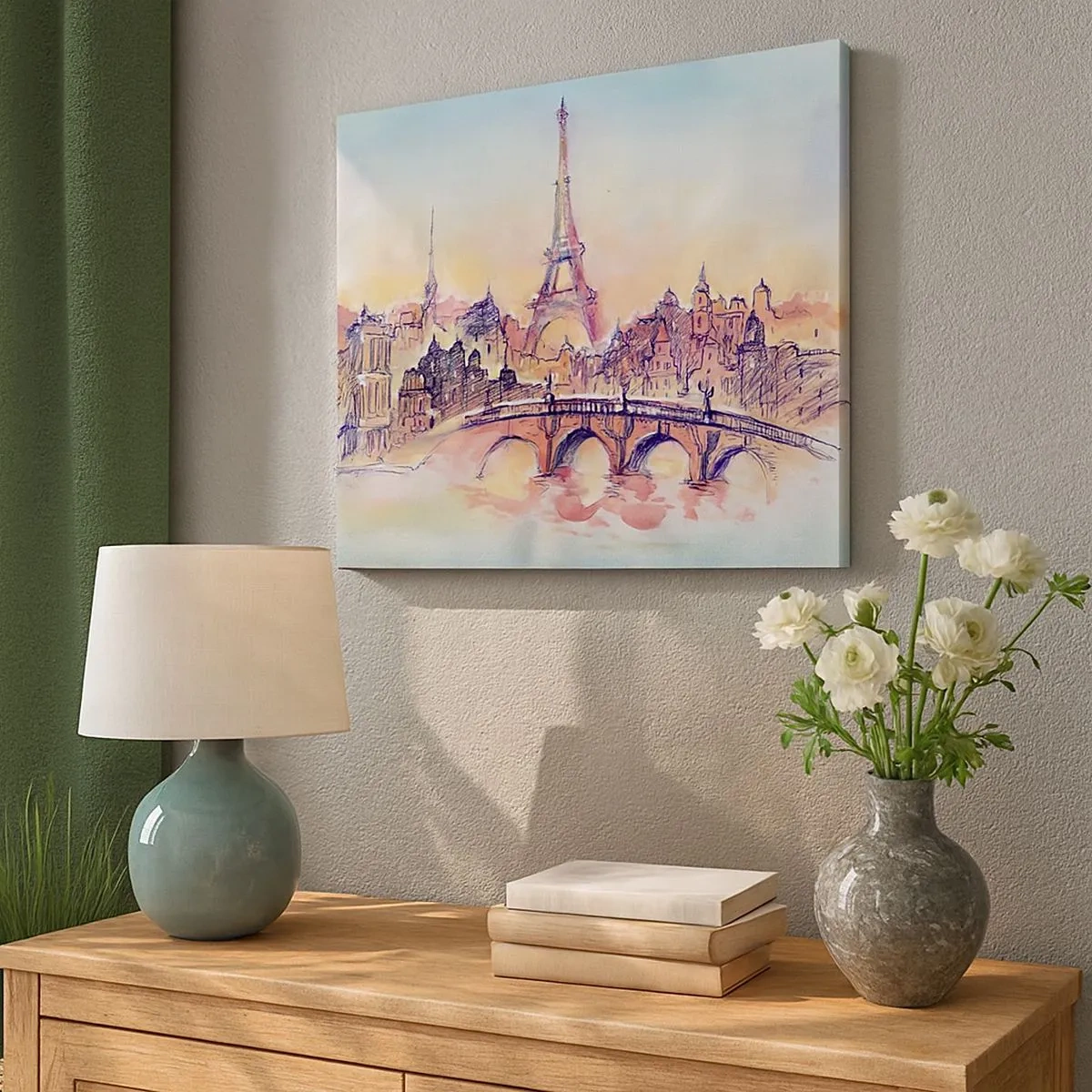 Bild auf Leinwand - Leinwandbild - Aquarellpanorama von Paris mit dem Eiffelturm bei Sonnenuntergang - 70x50cm - Die einzige Stadt dieser Art auf der Welt - Moderne Wanddekoration für Wohnzimmer und Schlafzimmer ARTTOR