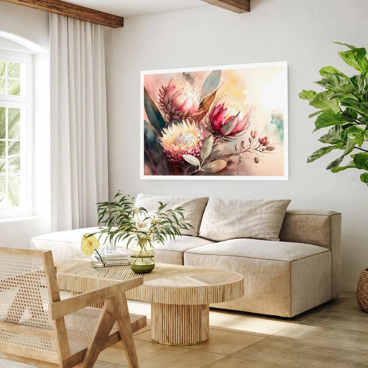 Poster - Proteablüten in zarten Pastelltönen - 100x70cm - Im Profil und en face - Moderne Wanddekoration für Wohnzimmer und Schlafzimmer ARTTOR