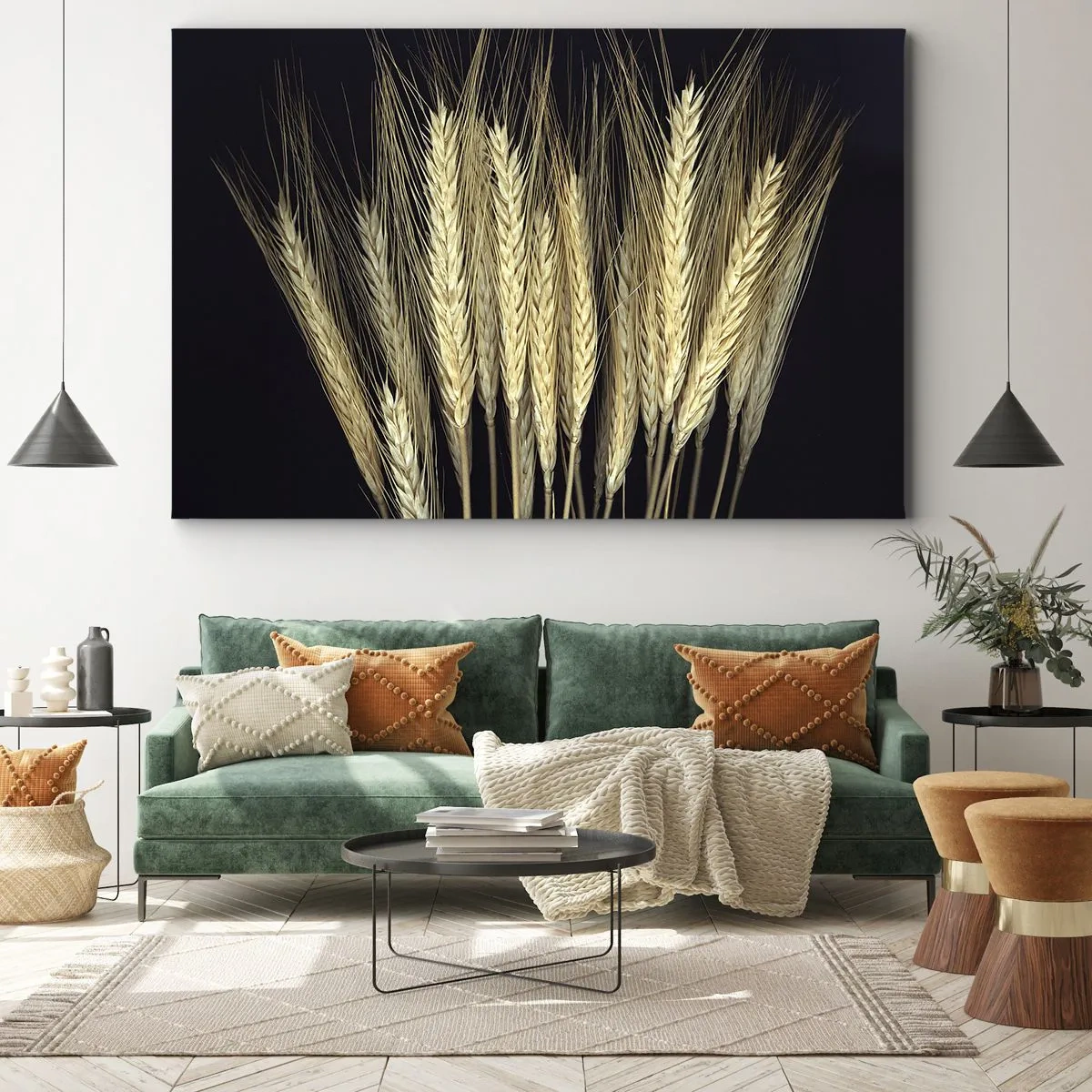 Bild auf Leinwand - Leinwandbild - Weizenähren auf schwarzem Hintergrund im rustikalen Stil - 70x50cm - Rustikale Magie - Moderne Wanddekoration für Wohnzimmer und Schlafzimmer ARTTOR