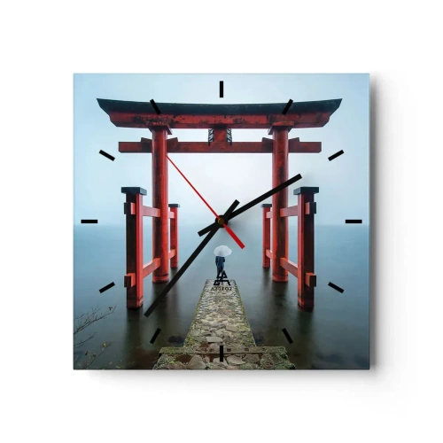 Wanduhr - Glasuhr - Ein Torii-Tor mit Blick auf einen ruhigen See in Japan - 30x30cm - Japanische Träumerei - Moderne Wanddekoration für Wohnzimmer und Schlafzimmer ARTTOR