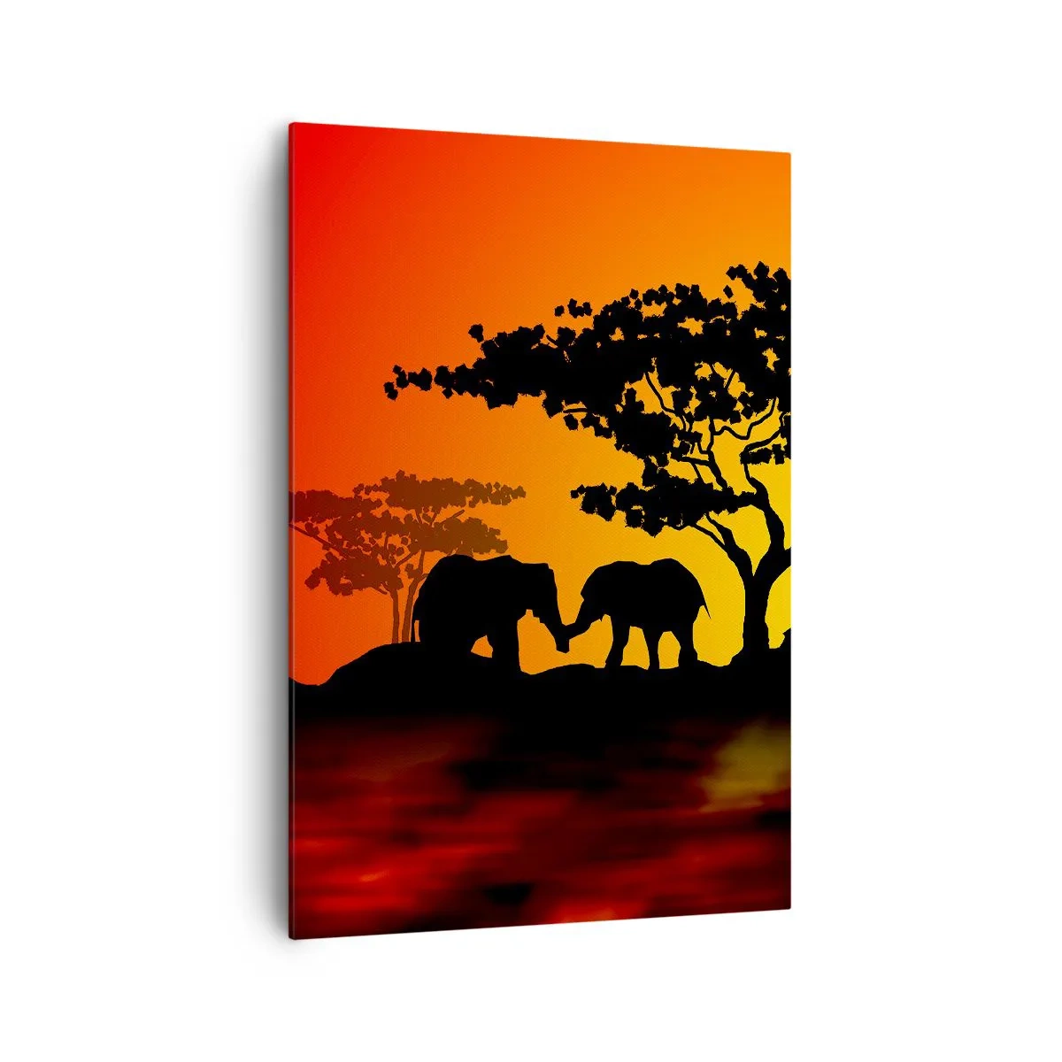 Bild auf Leinwand - Leinwandbild - Afrikanischer Sonnenuntergang mit Silhouetten von Elefanten und Giraffen über dem Wasser - 70x100cm - Treffen in der Savanne - Moderne Wanddekoration für Wohnzimmer und Schlafzimmer ARTTOR