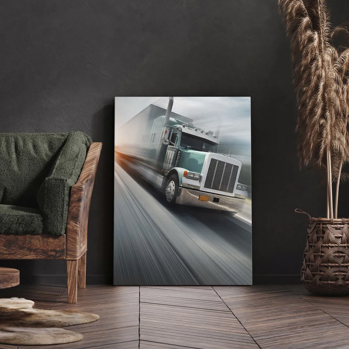 Bild auf Leinwand - Leinwandbild - Ein LKW auf der Autobahn in Bewegung bei Sonnenuntergang - 80x120cm - Der amerikanische Riese in Eile - Moderne Wanddekoration für Wohnzimmer und Schlafzimmer ARTTOR