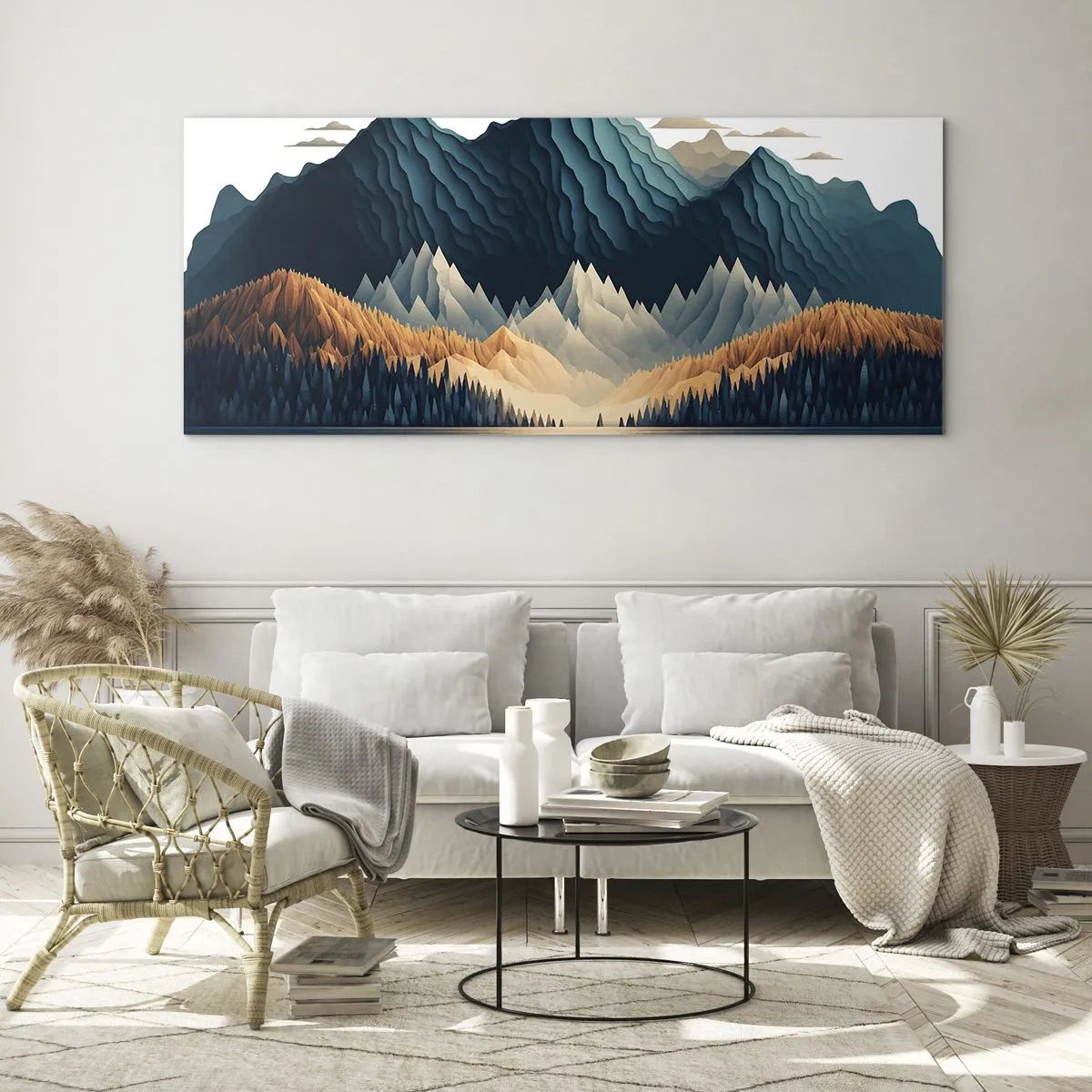 Glasbild - Bild auf glas - Malerische Berge über dem See bei Sonnenuntergang - 160x50cm - Perfekte Berglandschaft - Moderne Wanddekoration für Wohnzimmer und Schlafzimmer ARTTOR