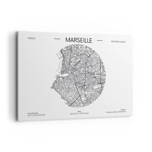 Bild auf Leinwand - Leinwandbild - Karte von Marseille im minimalistischen Stil - 120x80cm - Anatomie von Marseille - Moderne Wanddekoration für Wohnzimmer und Schlafzimmer ARTTOR