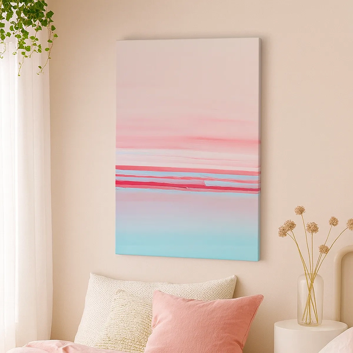 Bild auf Leinwand - Leinwandbild - Pastellfarbene Linien in Rosa- und Blautönen in einer minimalistischen Komposition - 50x70cm - Abstraktion im Morgengrauen - Moderne Wanddekoration für Wohnzimmer und Schlafzimmer ARTTOR