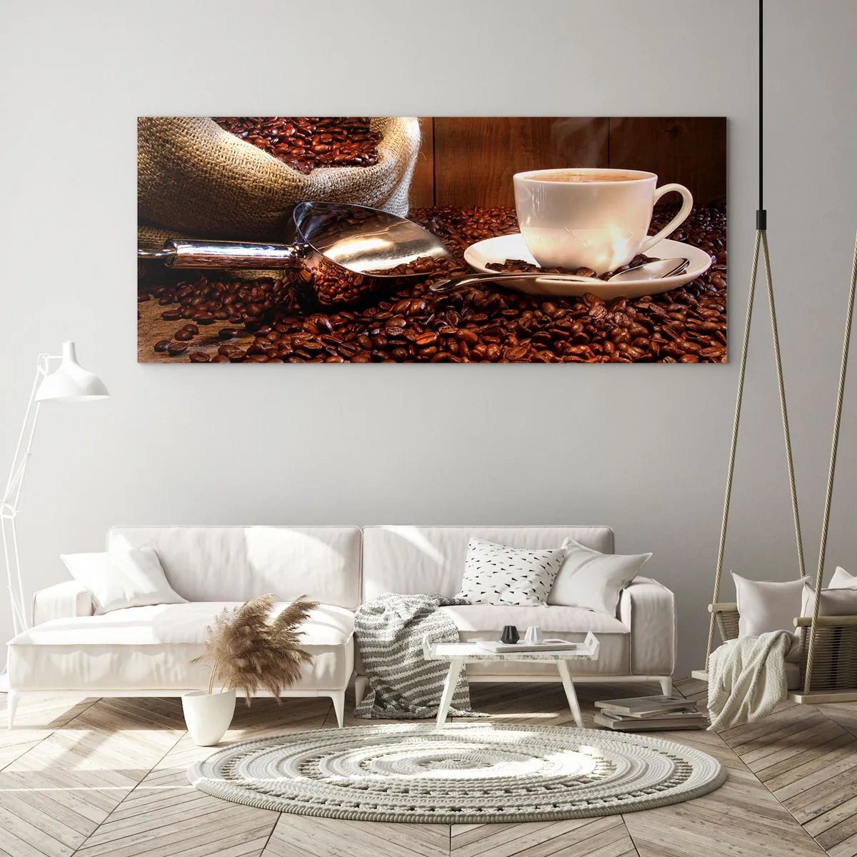 Glasbild - Bild auf glas - Eine Tasse Kaffee mit Kaffeebohnen und einem Getreidesack im Hintergrund - 160x50cm - Fühlst du diesen Geruch? - Moderne Wanddekoration für Wohnzimmer und Schlafzimmer ARTTOR