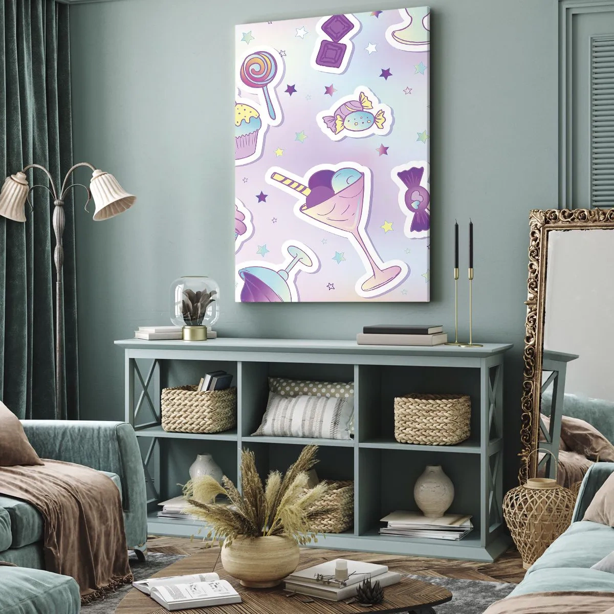 Bild auf Leinwand - Leinwandbild - Pastellmuster mit Süßigkeiten und Desserts - 50x70cm - Dass es jeden Tag ein Geburtstag wäre - Moderne Wanddekoration für Wohnzimmer und Schlafzimmer ARTTOR